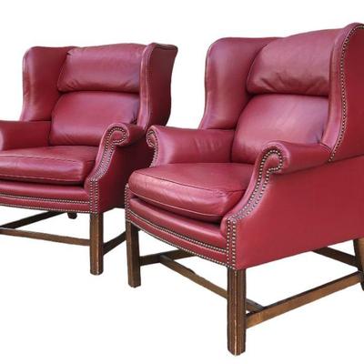 Georgian Style Wingback Red Leather & Nailhead Trim Armchairs, Pair