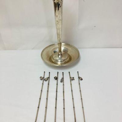 GRLE308 Sterling Vintage Trumpet Vase And More	1- 10.5' Trumpet Vase with small dish and 6 Tea Type Spoons with different Charms on each....