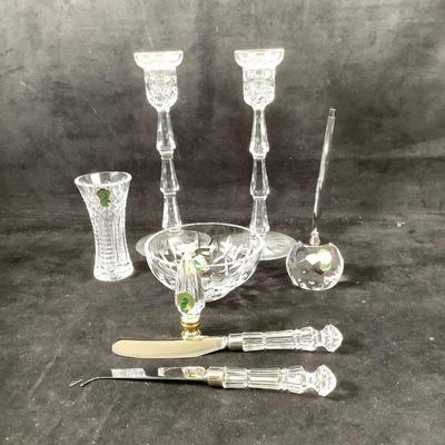 GRLE302 Waterford Crystal Selection	Two Candlestick Holders, a Small Bowl, Pen Holder, Small Vase, A Pointer Spear, and 2 Cheese Servers....