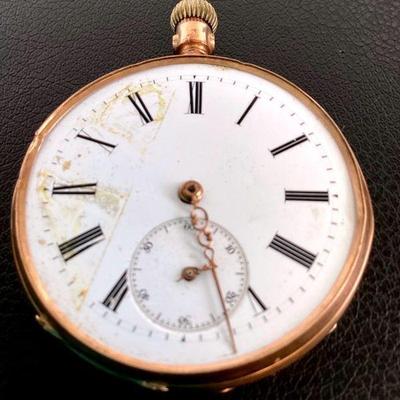 JUCR944 14k Antique Rementoir Pocket Watch	Men's antique pocket watch, passes 14k acid test. Â Missing glass face. Â Broken ring - see...