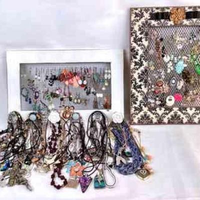 JUCR935 Vintage Jewelry & More	2 decorative jewelry holders full of earrings and necklaces, some sterling and a car whistle pendant.
