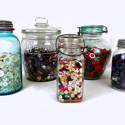 LIBE932 Five Large Antique Jars Full Of Old Buttons	5 collectible glass jars filled with buttons in all colors shapes & sizes.
