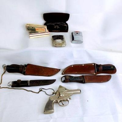 WIII345 Vintage Knives, Hand Warmers & More	Lot includes: Â Vintage Utica Sportsman Knife, Vintage Marbles Ideal 6' Knife, A Hurley Red...
