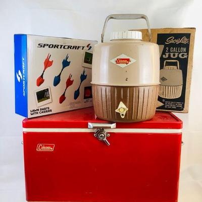 WIII351 Vintage Coleman Cooler 2 Gal Jug & More	Lot includes: Vintage Red Painted 22' Colman Cooler, a Coleman SnowLite 2 Gal Jug and a...