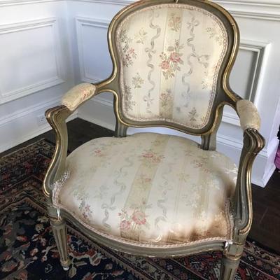 Antique French Louis XVI style pair of chairs and footstool $425