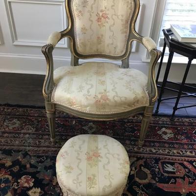 Antique French Louis XVI style pair of chairs and footstool $425