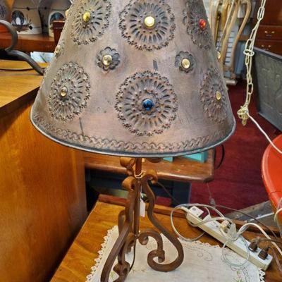 table lamp cast iron with tin shade 