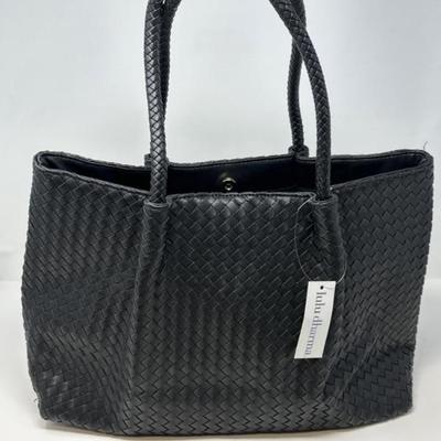 New! Lulu Dharma Black Vegan Leather Woven Handbag