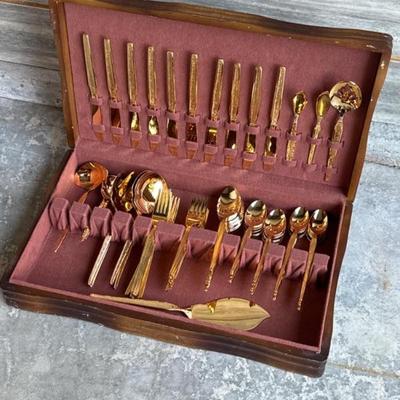 Vintage Gold Toned Silverware Cutlery Set in Case- Service for 10