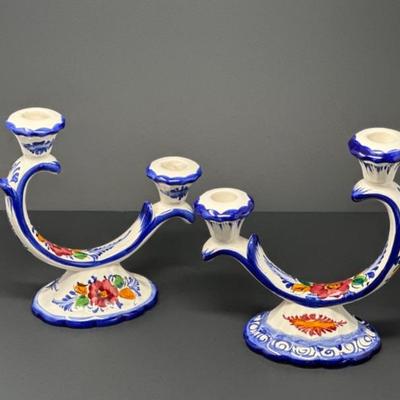 	Pair Hand Painted Alcobaca Pottery Portugal Candlesticks