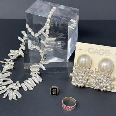 Sterling Necklace, Pin & Ring + Pearl Earrings