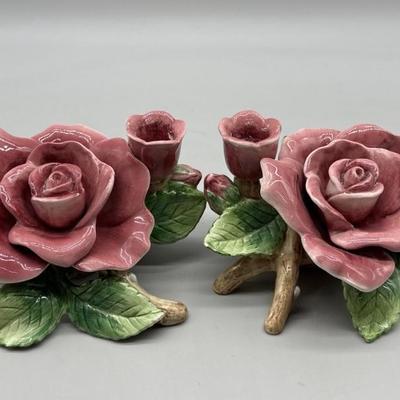 (2) Vtg. Capodimonte Porcelain Roses Candlesticks