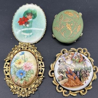 (4) Vintage Brooches, some enameled