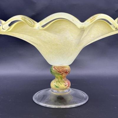 Murano Art Glass Compote w/ Ruffled Edge, Marked