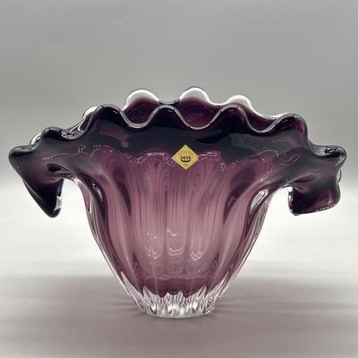 Vintage Bohemia Art Glass Purple Dish, Marked