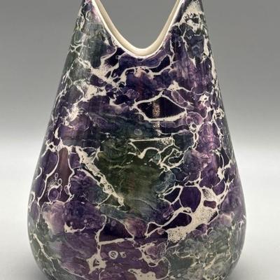 Purple Green & White Splatter Fish Mouth Vase