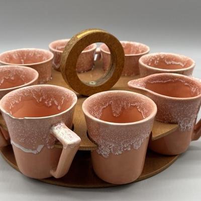 Mid Century Pink Pottery Mugs in Teak Stand