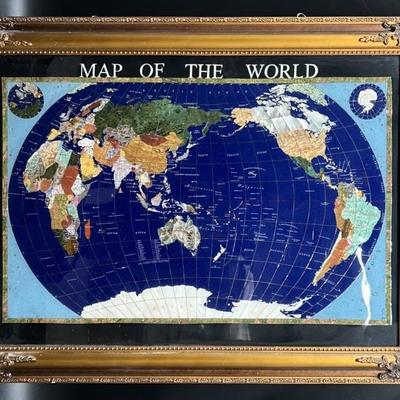 Semi-Precious Gemstone World Map in Gold Frame
