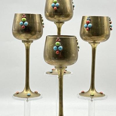 4) Brass Wine Glasses w/ Applied Colorful Beads
