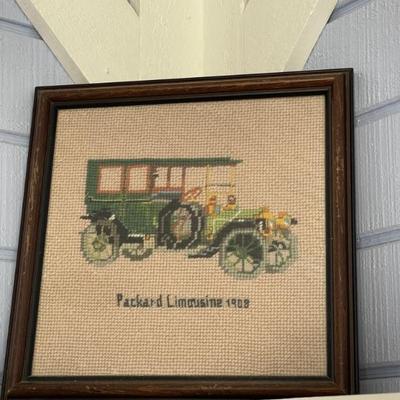 Framed Needlepoint of 1908 Packard Limousine 