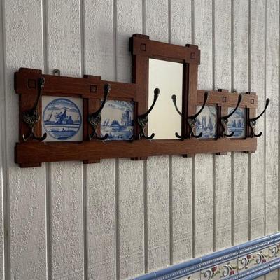 Antique Delft Blue Tiled Wall-mount Coat Rack w/ Mirror