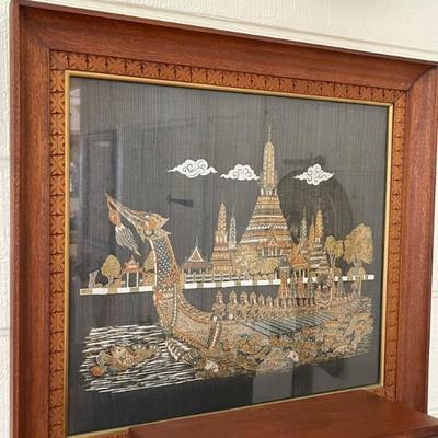 Silk Painting of Dragon boat and Buddhist Temple 