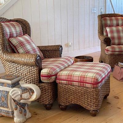 Cushioned Rattan Armchairs (each with an Ottoman)