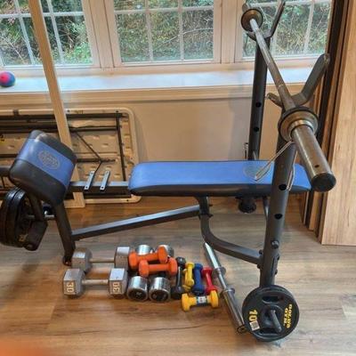 Golds gym bench press machine, weights, Hampton bar