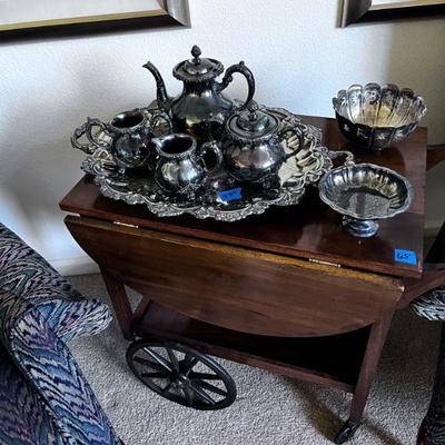 Silverplate coffee/Tea Set
Wooden rolling Cart