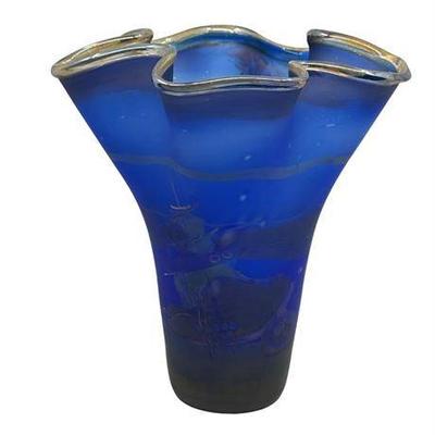 Art Glass Blue Ruffle Vase