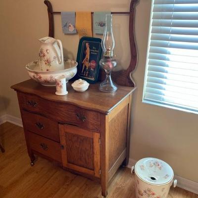 Oak Washstand, Bowl and Pitcher England Rare Set