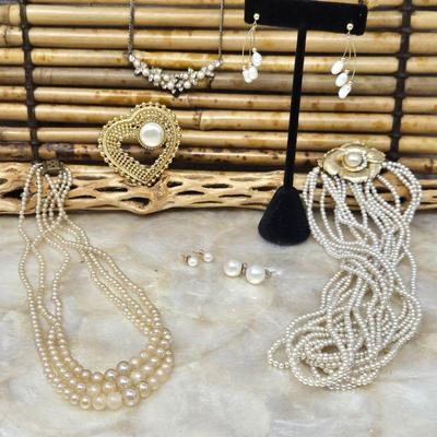  Lovely Dressy Costume Multistrand Pearl Necklaces Plus Three Pairs of Cultured Pearl Earrings