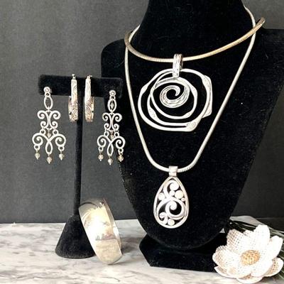 Two Sets of Contemporary Brighton Style Silver Jewelry - Necklace & Earrings Plus Sterling Silver Cuff Bracelet
