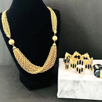 Chunky Gold Tone Fashion Jewelry Statement Pieces - Bracelet & Earrings w/Navy Blue Enamel & Multi-Strand Necklace