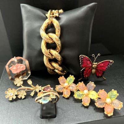 Vintage Assortment of Floral Brooches~ 40's Lucite Carved Rose, Romanza Italian Gold Plate Bracelet,