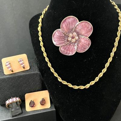Pretty in Lilac Lot of Fashion Jewelry: Gold Tone Necklace, Earrings, Ring & Floral Enameled Brooch
