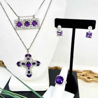 Amethyst & Sterling Silver Lot- Cross Pendant, Ring, Necklaces and Earrings