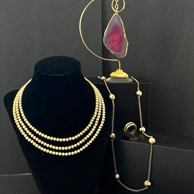 Two Costume Gold Tone Beaded Necklaces and Gold Tone Fashion Ring w/ Sim Diamonds Sz 9 -Key chain w/ Pink Geode