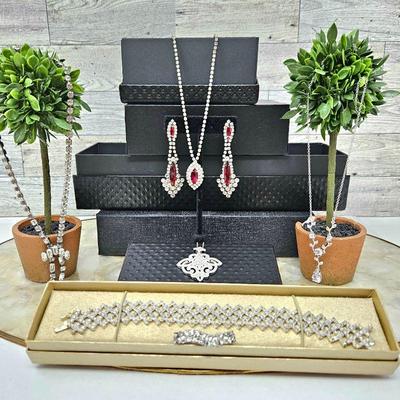  Dressy Sparkly Jewelry for the Holidays! Sterling, Rhinestones, Diamante Bracelet, Brooch & Earrings