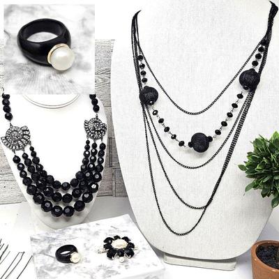 Vintage 1950s Black Theme Jewelry including a QCD Black Jade Statement Ring w/ 14K & Cultured Pearl 