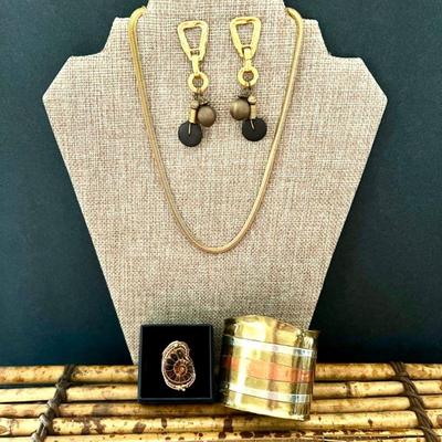 Unique Ammonite Fossil Ring, Copper, Silver, & Brass Cuff Bracelet, Collar Necklace, Dangle Earrings