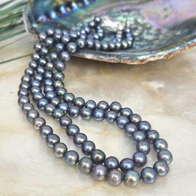 Lovely Double Strand Necklace of South Sea Tahitian Black Cultured Pearls w/ a Sterling Silver Clasp - 16