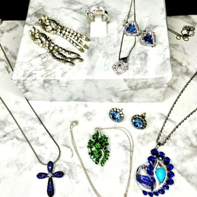 Eight Piece Rhinestone Lot - Blue, Green & White-Pendants, Cross, Ring, and Earrings. Vintage and Current