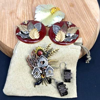  Fun & Unique Jewelry Lot- Bird House Brooch w/ Out Houses Earrings, and Fall Leaves Set