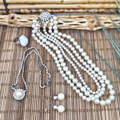 Fashion Jewelry - Triple Strand Pearl Necklace, Diamond and Pearl Necklace, & Statement Ring w/ White Stone