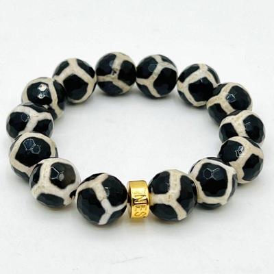Black Cream Faceted Tibetan Agate Gemstone Stretch Bracelet w/ Gold Tone Accent Bead