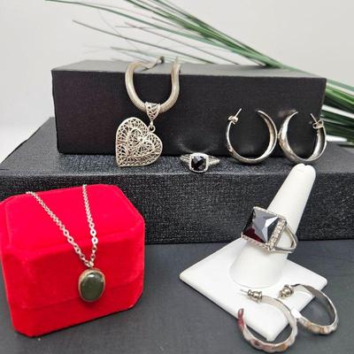 Lot of Silver Fashion Jewelry Including Cocktail Rings w/ Black Stones, Necklaces, Heart Pendant & More
