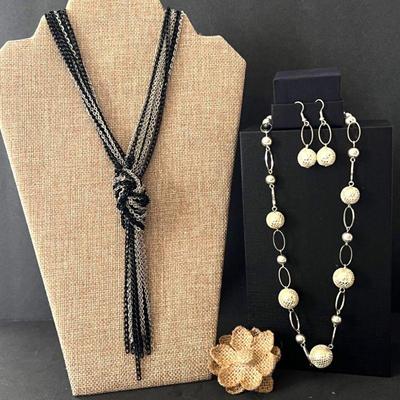 Set of Black and Silver Colored Fashion Jewelry - Two Necklaces and two Pairs of Earrings