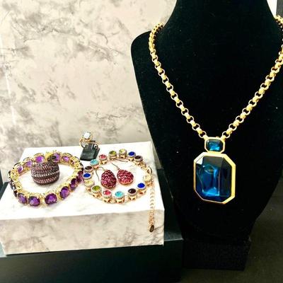 Lot of Fashion Jewelry Multi-Color Bracelet & Rings-Trifari Necklace- Gold Plated Sterling w/ Amethyst & Ruby