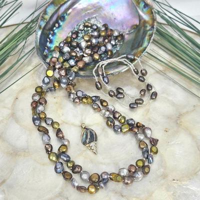 Beautiful Dyed Fresh Water Pearl Necklace Plus Bracelet and Mother of Pearl Pendant in Sterling